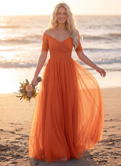 Purple A-Line V-Neck Tulle Bridesmaid Dresses With Ruffles