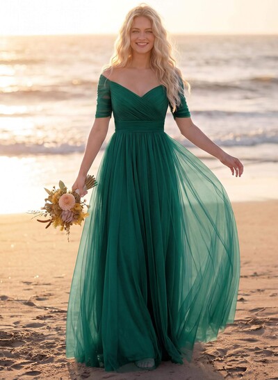Purple A-Line V-Neck Tulle Bridesmaid Dresses With Ruffles