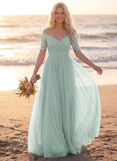 Purple A-Line V-Neck Tulle Bridesmaid Dresses With Ruffles