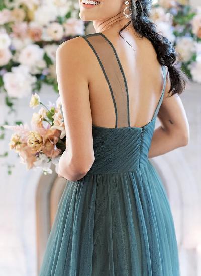 Blue A-Line Tulle Long Bridesmaid Dresses With Sweetheart