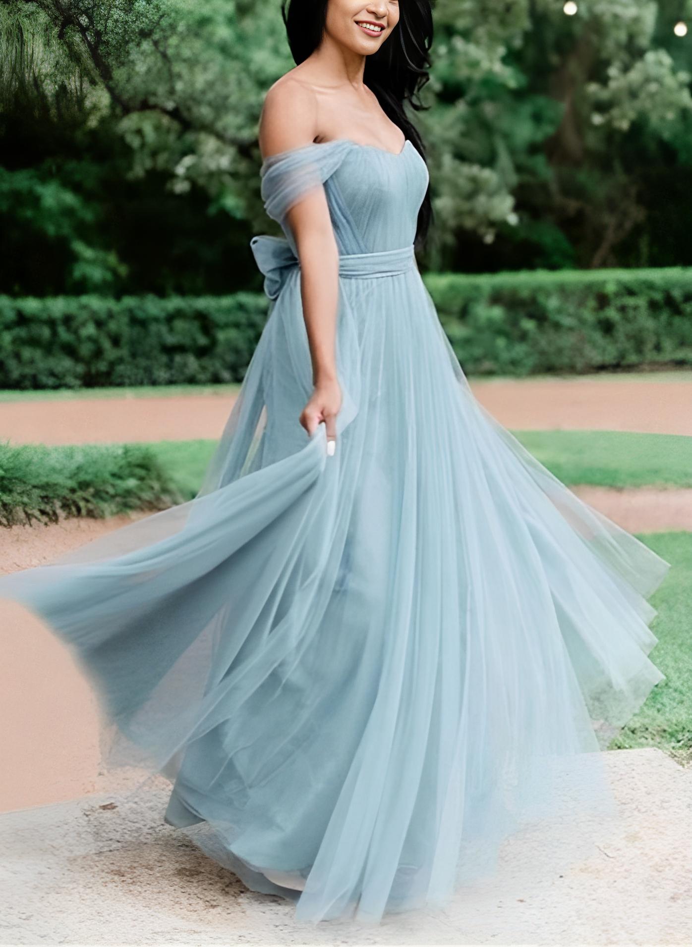 Blue Off-The-Shoulder Tulle Long Bridesmaid Dresses