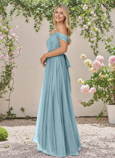 Blue Off-The-Shoulder Tulle Long Bridesmaid Dresses