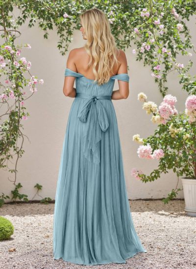 Blue Off-The-Shoulder Tulle Long Bridesmaid Dresses