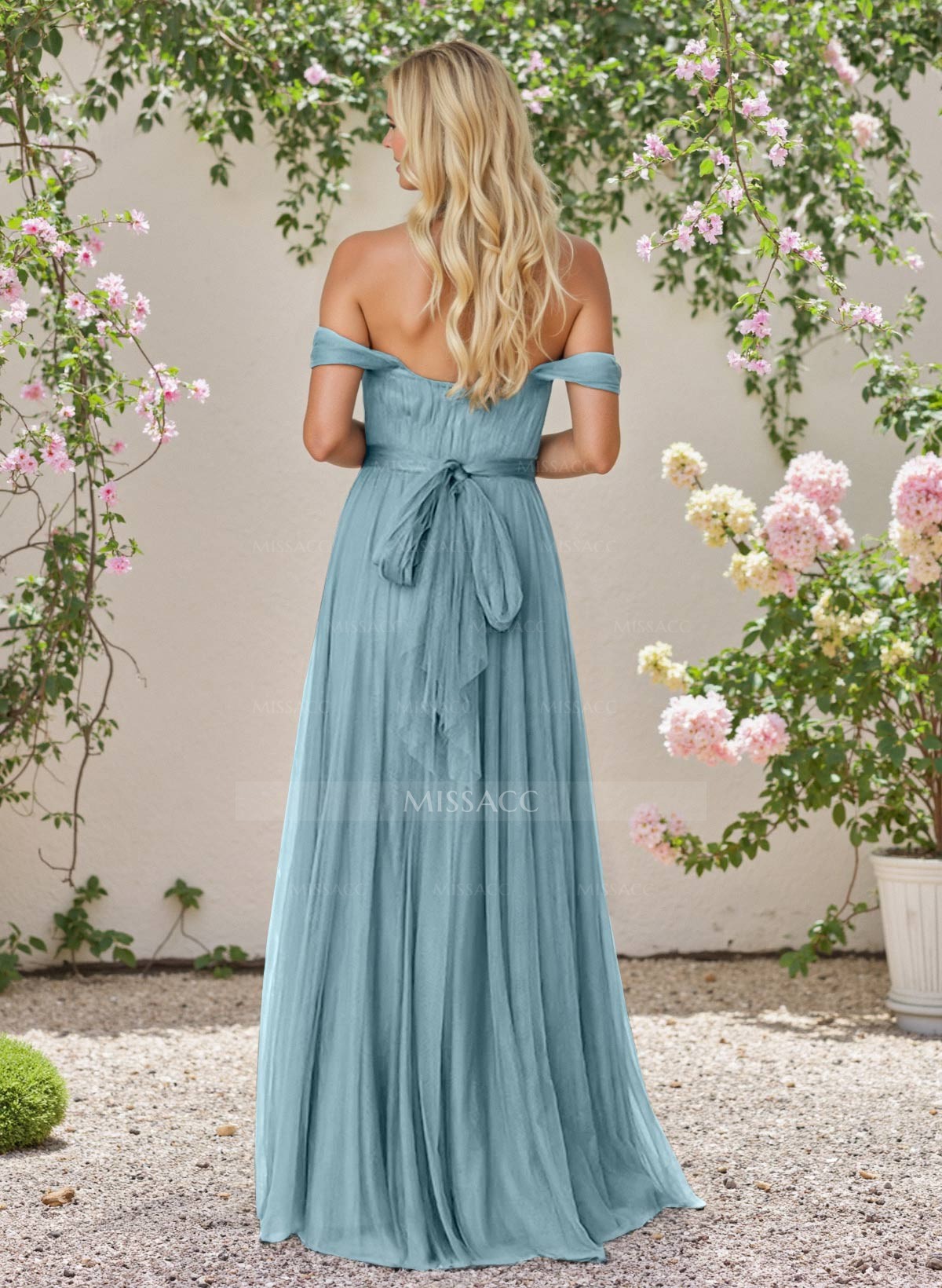 Blue Off-The-Shoulder Tulle Long Bridesmaid Dresses