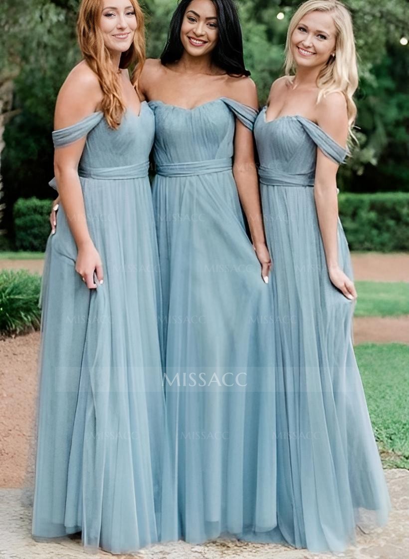 Blue Off-The-Shoulder Tulle Long Bridesmaid Dresses