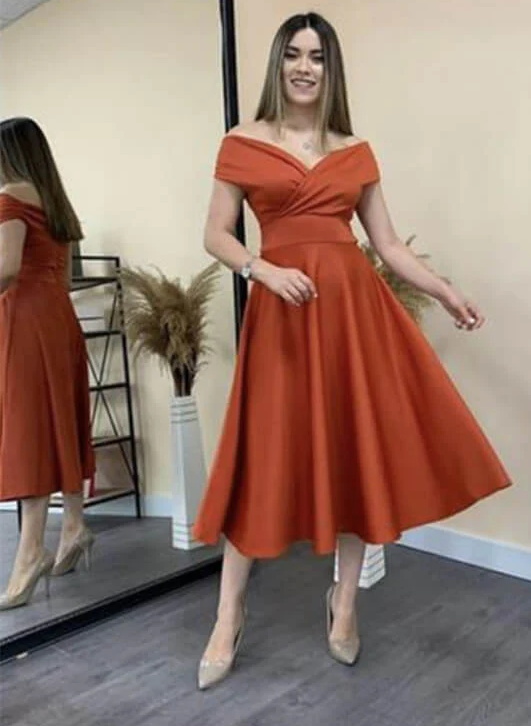 Rust Short Off-The-Shoulder A-Line Satin Bridesmaid Dresses