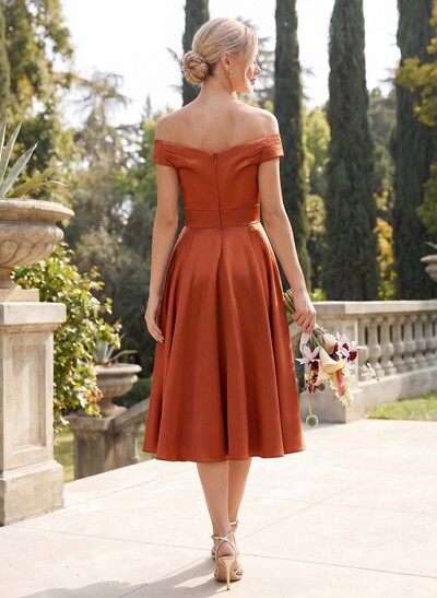 Rust Short Off-The-Shoulder A-Line Satin Bridesmaid Dresses