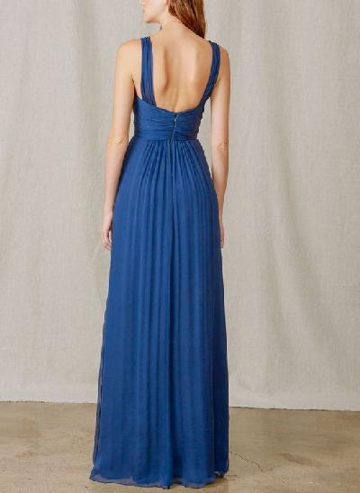 Blue Tulle V-Neck A-Line Bridesmaid Dresses With Floor-Length