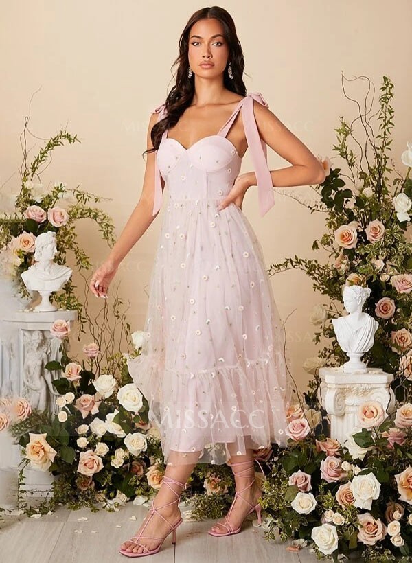 A-Line Sweetheart Sleeveless Tea-Length Lace Bridesmaid Dresses