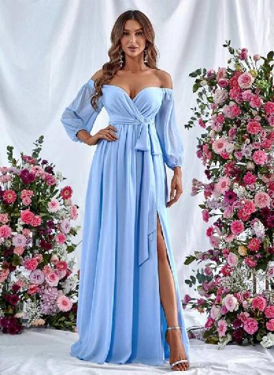 A-Line Off-The-Shoulder Long Sleeves Floor-Length Chiffon Bridesmaid Dresses With Split Front