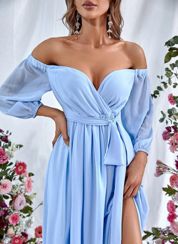 A-Line Off-The-Shoulder Long Sleeves Floor-Length Chiffon Bridesmaid Dresses With Split Front