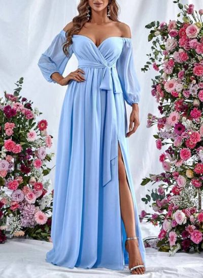 A-Line Off-The-Shoulder Long Sleeves Floor-Length Chiffon Bridesmaid Dresses With Split Front