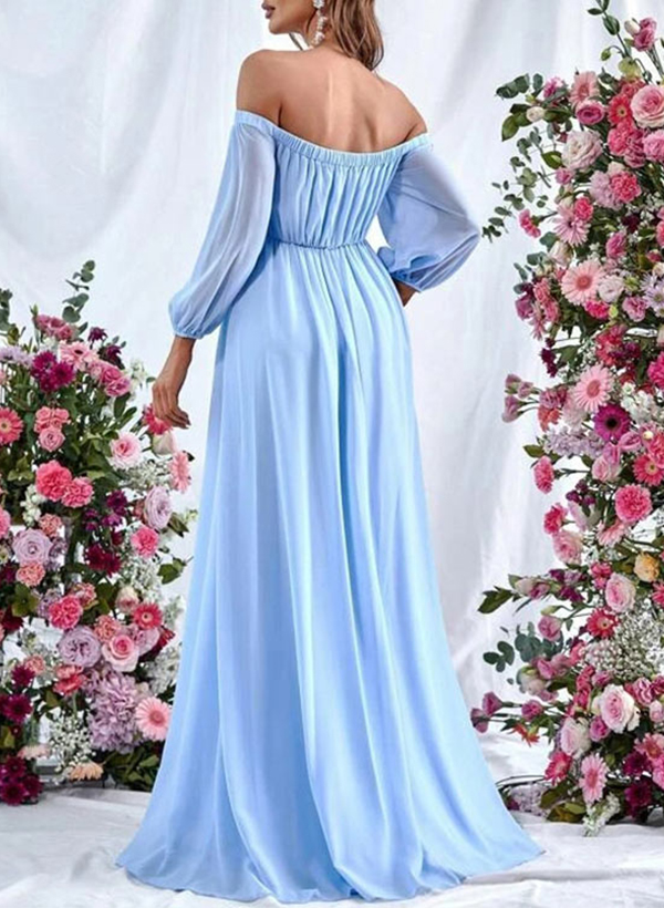 A-Line Off-The-Shoulder Long Sleeves Floor-Length Chiffon Bridesmaid Dresses With Split Front