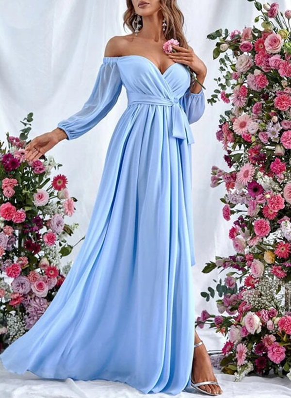 A-Line Off-The-Shoulder Long Sleeves Floor-Length Chiffon Bridesmaid Dresses With Split Front