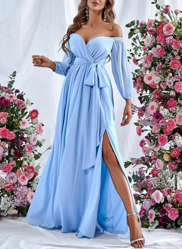 A-Line Off-The-Shoulder Long Sleeves Floor-Length Chiffon Bridesmaid Dresses With Split Front