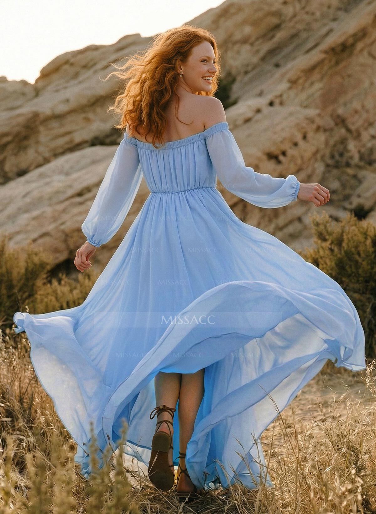 A-Line Off-The-Shoulder Long Sleeves Floor-Length Chiffon Bridesmaid Dresses With Split Front