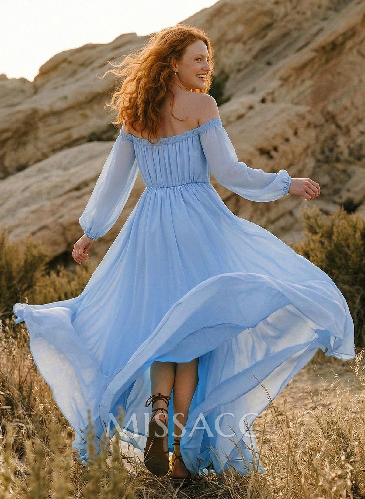 A-Line Off-The-Shoulder Long Sleeves Floor-Length Chiffon Bridesmaid Dresses With Split Front A-Line Off-The-Shoulder Long Sleeves Floor-Length Chiffon Bridesmaid Dresses With Split Front