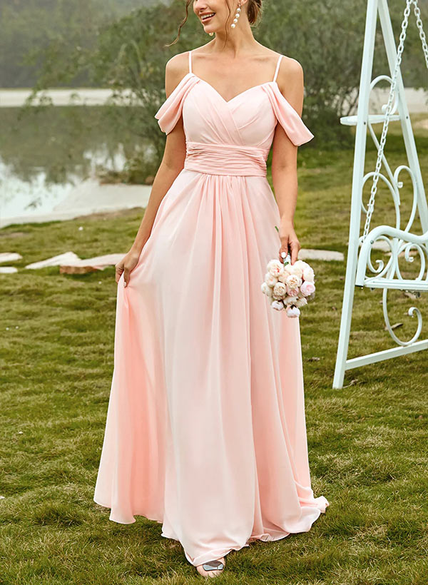 A-Line V-Neck Sleeveless Sweep Train Chiffon Bridesmaid Dresses With Pleated