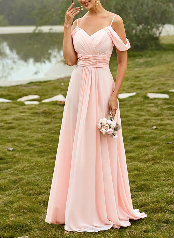 A-Line V-Neck Sleeveless Sweep Train Chiffon Bridesmaid Dresses With Pleated