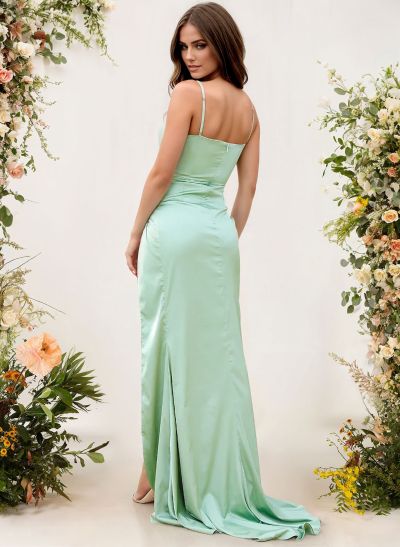 Cowl Neck Sleeveless Sweep Train Charmeuse Bridesmaid Dresses With Split Front