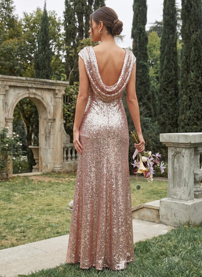 Sheath/Column Scoop Neck Cowl Back Sequined Bridesmaid Dresses