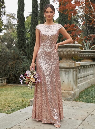 Sheath/Column Scoop Neck Cowl Back Sequined Bridesmaid Dresses