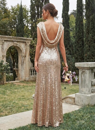 Sheath/Column Scoop Neck Cowl Back Sequined Bridesmaid Dresses