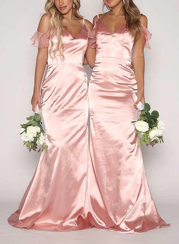 Sheath/Column V-Neck Sleeveless Silk Like Satin Bridesmaid Dresses