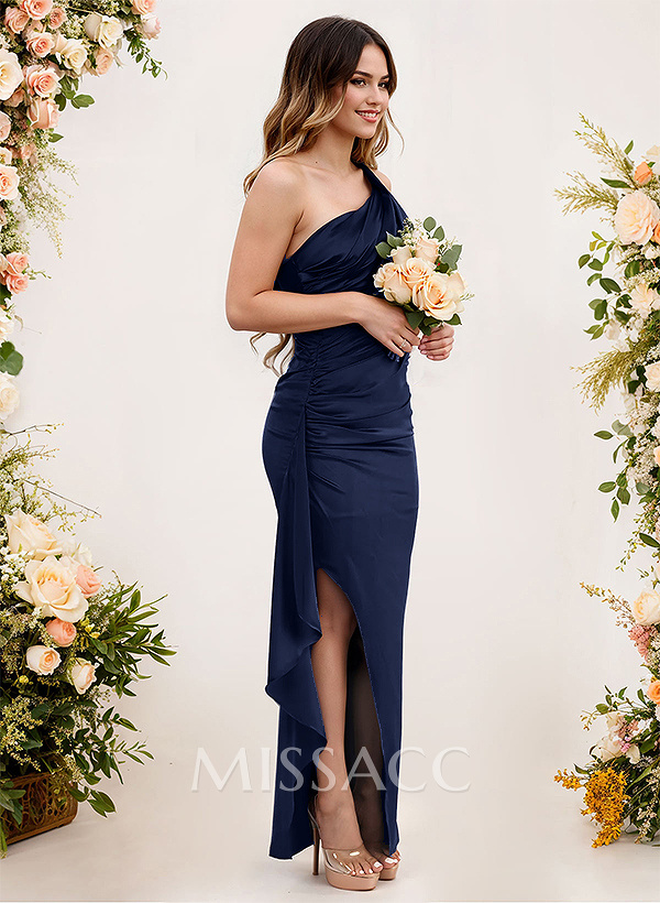 Sheath/Column One-Shoulder Silk Like Satin Bridesmaid Dresses With Split Front Sheath/Column One-Shoulder Silk Like Satin Bridesmaid Dresses With Split Front