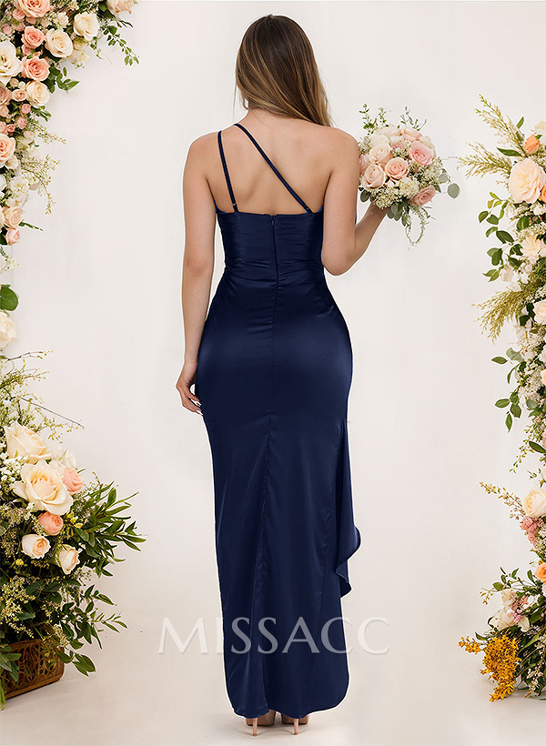 Sheath/Column One-Shoulder Silk Like Satin Bridesmaid Dresses With Split Front Sheath/Column One-Shoulder Silk Like Satin Bridesmaid Dresses With Split Front