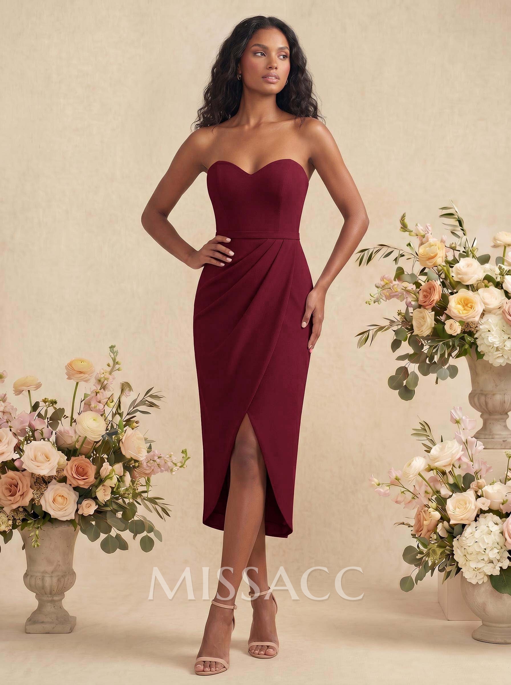 Sheath/Column Sweetheart Elastic Satin Bridesmaid Dresses With Split Front