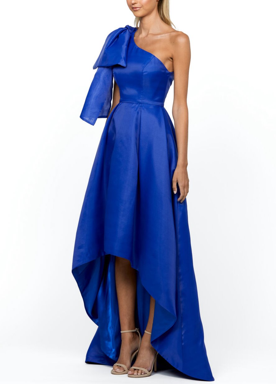 One-Shoulder Asymmetrical Satin Pockets Evening Dresses With Bow