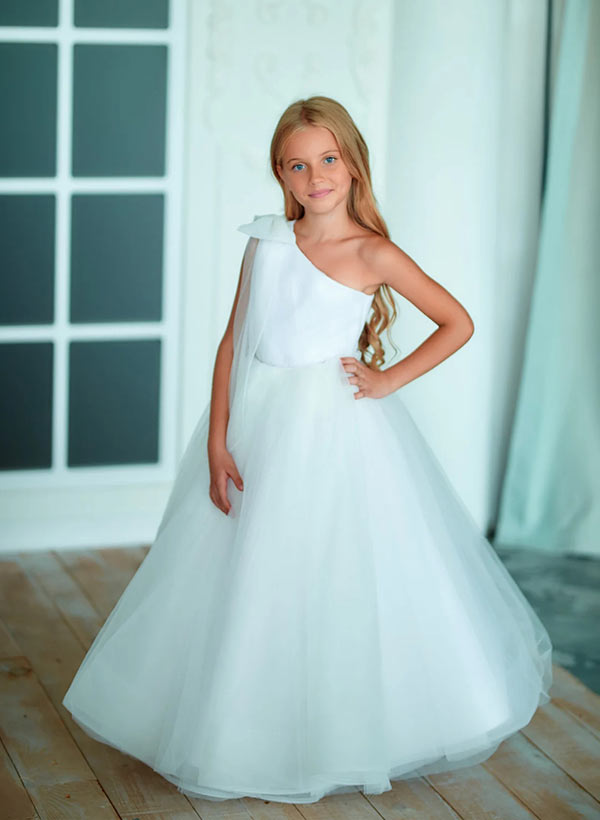 A-Line One-Shoulder Sleeveless Tulle Flower Girl Dresses With Bow(s)