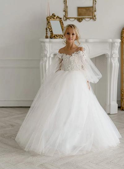 A-Line Illusion Neck Long Sleeves Sweep Train Tulle Flower Girl Dresses With Appliques Lace