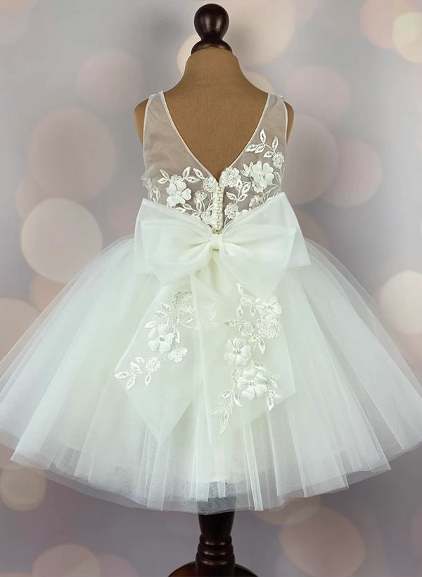 A-Line Illusion Neck Sleeveless Short/Mini Tulle Flower Girl Dresses With Appliques Lace