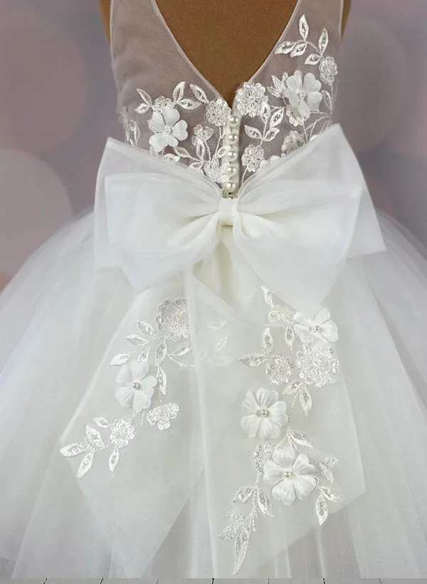 Missacc Flower Girl Dresses A-Line Illusion Neck Sleeveless Short/Mini Tulle Flower Girl Dresses With Appliques Lace