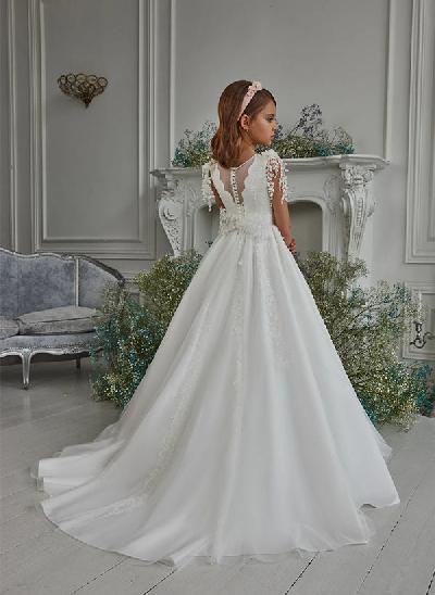 A-Line Illusion Neck Sweep Train Flower Girl Dresses With Appliques Lace