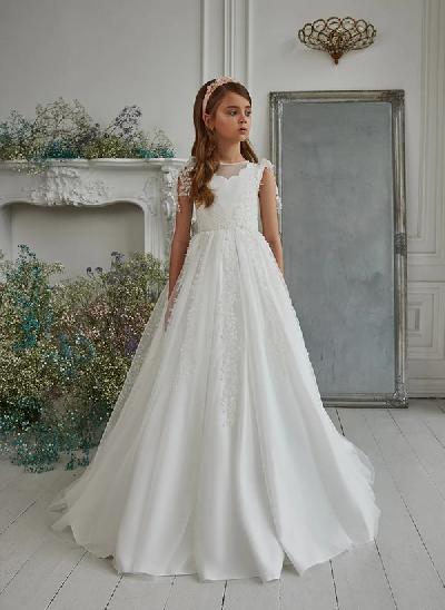 A-Line Illusion Neck Sweep Train Flower Girl Dresses With Appliques Lace