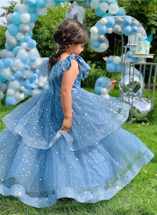 Ball-Gown Scoop Neck Tulle Flower Girl Dresses With Cascading Ruffles