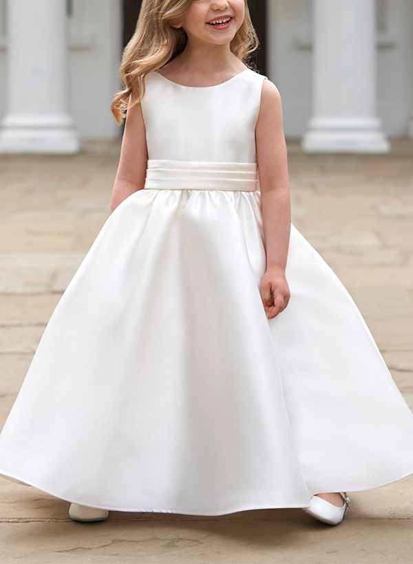 A-Line Scoop Neck Sleeveless Satin Flower Girl Dresses With Bow(s)