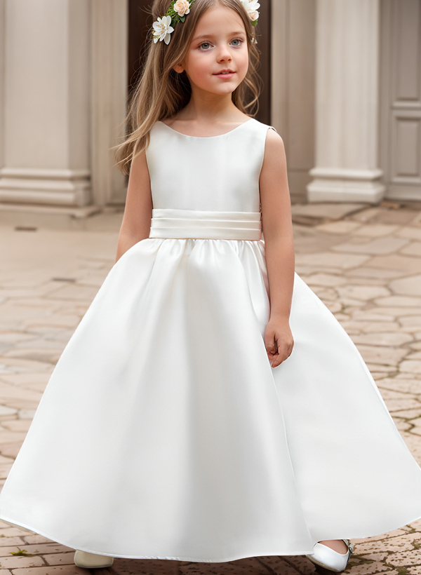 A-Line Scoop Neck Sleeveless Satin Flower Girl Dresses With Bow(s)