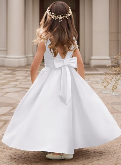A-Line Scoop Neck Sleeveless Satin Flower Girl Dresses With Bow(s)