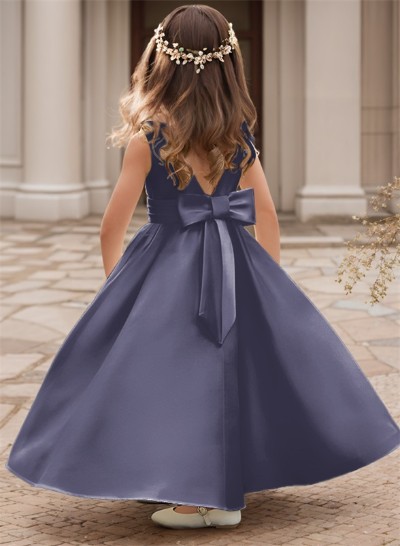 A-Line Scoop Neck Sleeveless Satin Flower Girl Dresses With Bow(s)