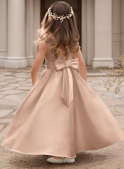 A-Line Scoop Neck Sleeveless Satin Flower Girl Dresses With Bow(s)