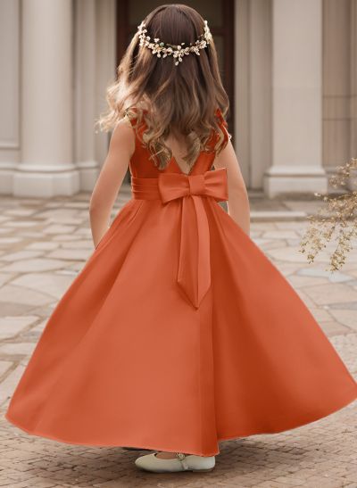 A-Line Scoop Neck Sleeveless Satin Flower Girl Dresses With Bow(s)