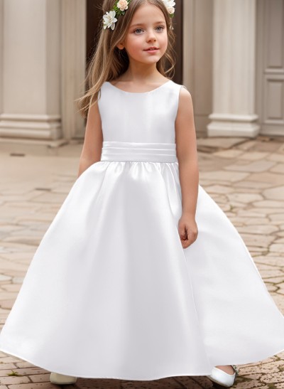 A-Line Scoop Neck Sleeveless Satin Flower Girl Dresses With Bow(s)