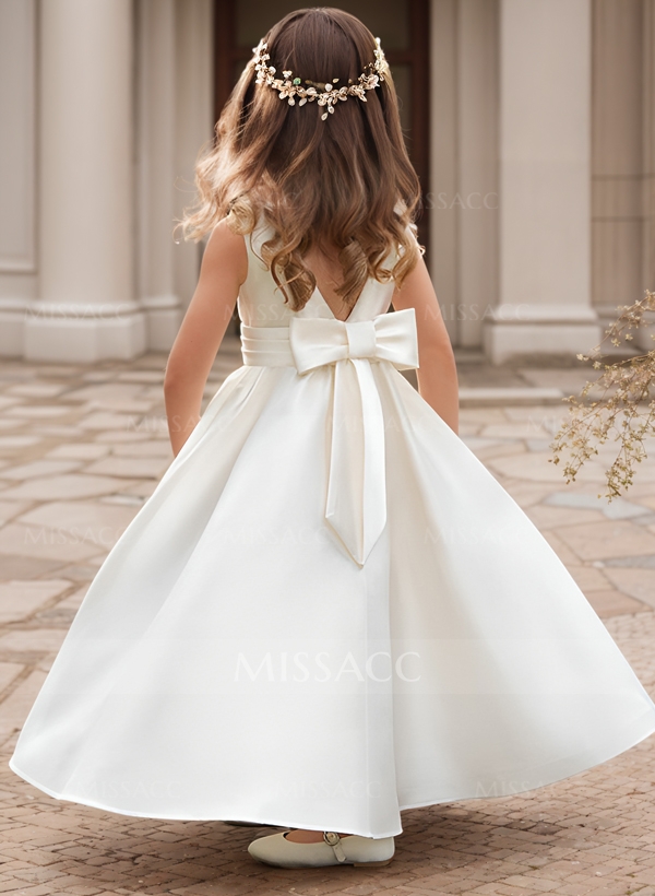 A-Line Scoop Neck Sleeveless Satin Flower Girl Dresses With Bow(s)