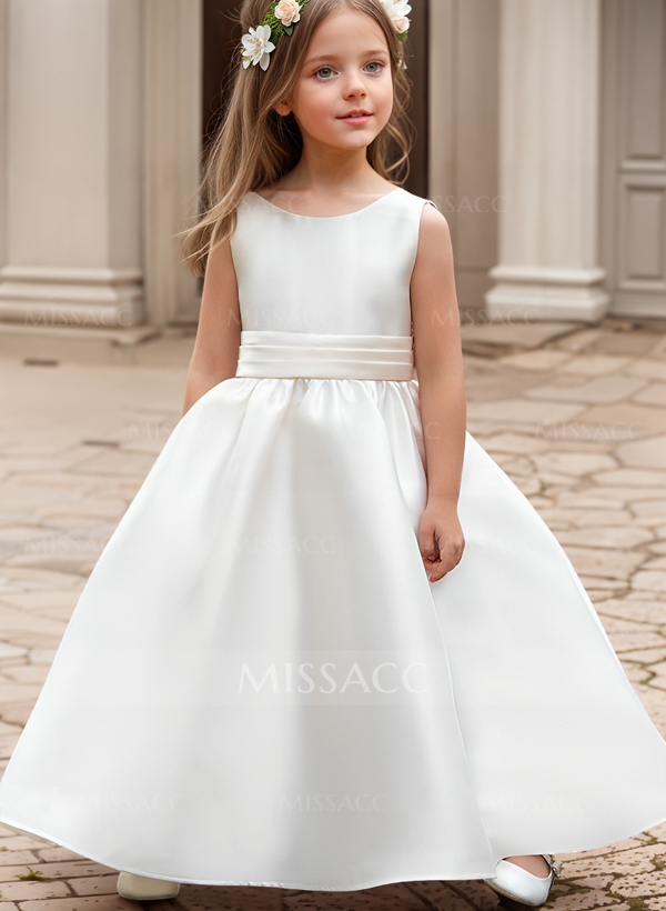 A-Line Scoop Neck Sleeveless Satin Flower Girl Dresses With Bow(s)