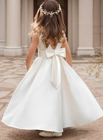 A-Line Scoop Neck Sleeveless Satin Flower Girl Dresses With Bow(s)