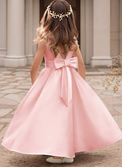 A-Line Scoop Neck Sleeveless Satin Flower Girl Dresses With Bow(s)